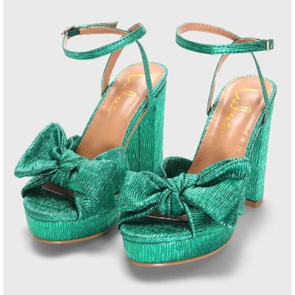 Lulus Lilsa Green Metallic Bow Platform Ankle Strap Heels Size 8.5